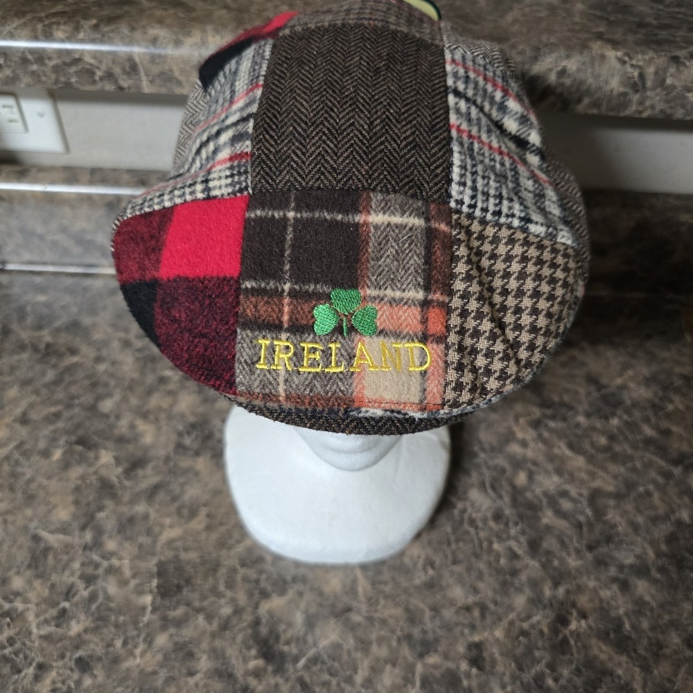 NWT Ireland Newsboy Flat Cap Irish Blessing Wool Patchwork Embroi Elastic